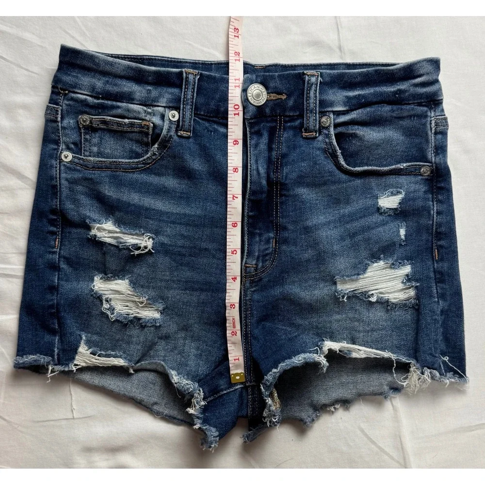 American Eagle Curvy Hi-Rise Shortie Distressed Denim‎ Shorts Blue Womens Size 4